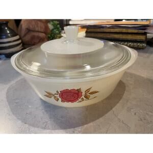 Vintage Glasbak Single Rose 2Qt J5142 White Milkglass Casserole Dish with Cover